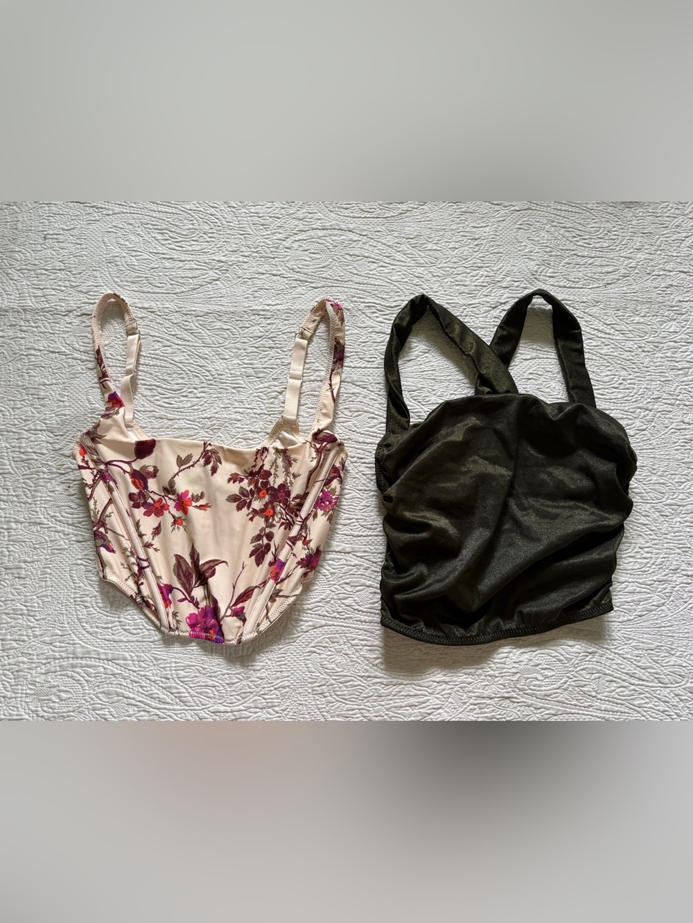 Floral and Olive Green Cropped Tank Halter top Duo - out from under - size small
